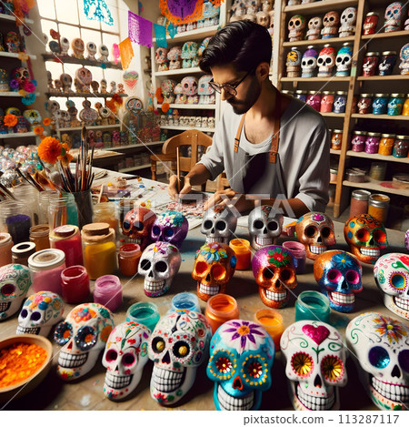 A craftsman's shop dedicated to the Day of the Dead. 113287117