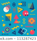 Memphis geometric abstract shapes background vector . Retro trendy halftone vector elements design for advertisemen 113287423