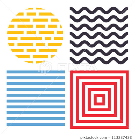 Abstract geometric simple minimalistic set. stripes, waves, random symbols textures. Vector illustration Abstract geometric simple minimalistic set. stripes, waves, random symbols textures. Vector illustration 113287428