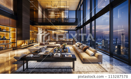 Luxurious High-Rise Apartment Living Room at Twilight With Panoramic City View 113287578