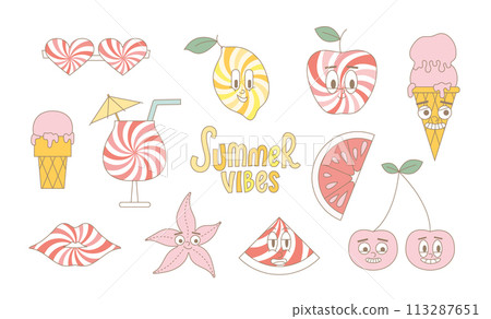 Groovy summer fruits, icecream, star, coctail. Funky mascot patch stickers. Vector modern fruits. 113287651