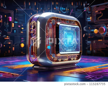 Gleaming Quantum computer  exudes perfection and precision. Vibrant colors,  holographic display projecting an array of data. 113287735