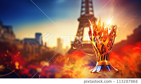 Cup with fire, lit torch against backdrop of Eiffel Tower at sunset, opening ceremony of Summer Olympic Games in Paris Cup with fire, lit torch against backdrop of Eiffel Tower at sunset, opening ceremony of Summer Olympic Games in Paris 113287868
