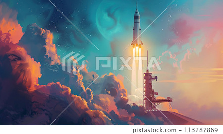 A powerful rocket takes off from the launch pad, trailing fire and smoke against backdrop of scattered clouds and a surreal arrangement of planets A powerful rocket takes off from the launch pad, trailing fire and smoke against backdrop of scattered clouds and a surreal arrangement of planets 113287869