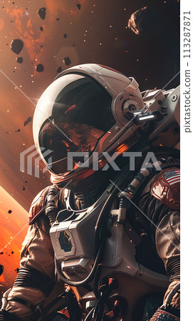 Astronaut, Space Explorer hovers above the surface of the red Planet Mars. Concept for galaxy exploration, international cosmonautics day Astronaut, Space Explorer hovers above the surface of the red Planet Mars. Concept for galaxy exploration, international cosmonautics day 113287871
