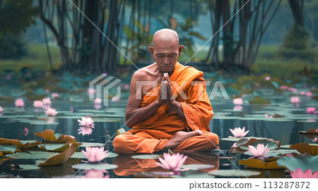 An elderly monk dressed in orange robes meditates among bright lotus flowers, symbolizing purity and enlightenment. Religion, traditional eastern meditation, prayer, spiritual practice An elderly monk dressed in orange robes meditates among bright lotus flowers, symbolizing purity and enlightenment. Religion, traditional eastern meditation, prayer, spiritual practice 113287872