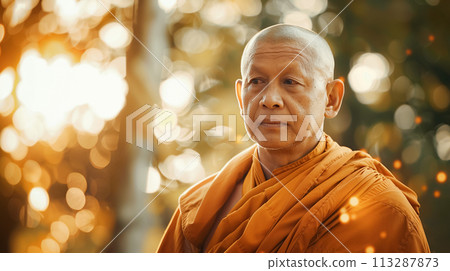 Portrait of a Buddhist senior monk against background of green plants. Peaceful reflection and spirituality. Religion, traditional eastern meditation, prayer, spiritual practice Portrait of a Buddhist senior monk against background of green plants. Peaceful reflection and spirituality. Religion, traditional eastern meditation, prayer, spiritual practice 113287873