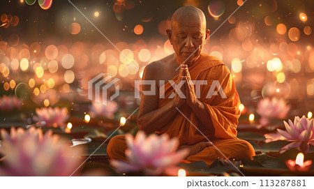 Serene Buddhist monk meditates in lotus position surrounded by mystical bokeh light and lotus flowers. Religion, traditional eastern meditation, prayer, spiritual practice 113287881