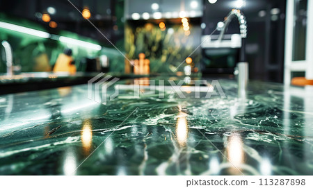 Marble kitchen empty luxury countertop in green tones, soft focus. Scene showcase template for promotional items, banner. Modern kitchen design 113287898