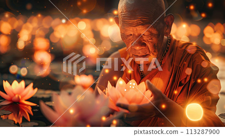 Serene Buddhist monk meditates in lotus position surrounded by mystical bokeh light and lotus flowers. Religion, traditional eastern meditation, prayer, spiritual practice Serene Buddhist monk meditates in lotus position surrounded by mystical bokeh light and lotus flowers. Religion, traditional eastern meditation, prayer, spiritual practice 113287900