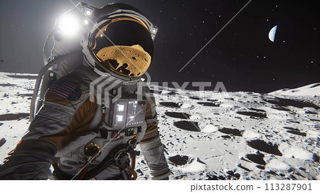 An astronaut in spacesuit stands on surface of Moon, in background rises Earth, illuminated by distant sun. Concept of exploring the galaxy An astronaut in spacesuit stands on surface of Moon, in background rises Earth, illuminated by distant sun. Concept of exploring the galaxy 113287901