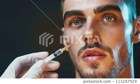 Close-up of a man's face during a precision injection, reflecting advanced skin care. Soft masculinity, self-care, men's cosmetology 113287929