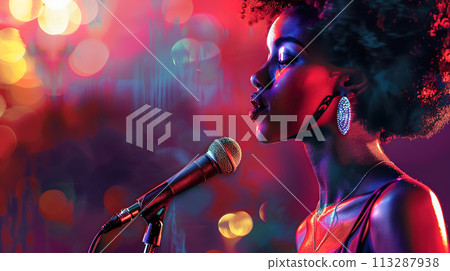 Soulful jazz black singer performs emotionally on stage with dim lighting, face softly illuminated by spotlight, warm stage atmosphere with neon haze Soulful jazz black singer performs emotionally on stage with dim lighting, face softly illuminated by spotlight, warm stage atmosphere with neon haze 113287938