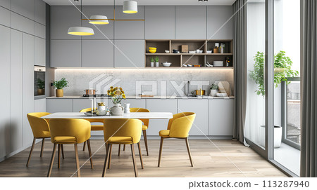 Modern interior, chic kitchen with wall units, smooth countertops, bright yellow dining chairs and large French window 113287940