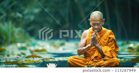 An elderly monk dressed in orange robes meditates among bright lotus flowers, symbolizing purity and enlightenment. Religion, traditional eastern meditation, prayer, spiritual practice 113287949