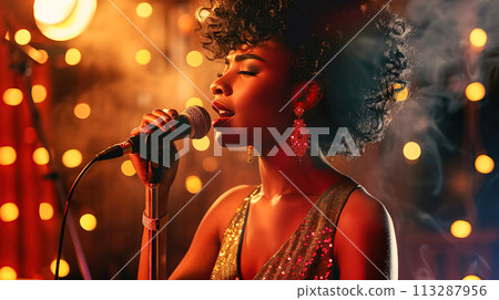 A soulful jazz black singer performs emotionally on a stage with dim lighting, her face softly illuminated by a spotlight, a warm stage atmosphere A soulful jazz black singer performs emotionally on a stage with dim lighting, her face softly illuminated by a spotlight, a warm stage atmosphere 113287956