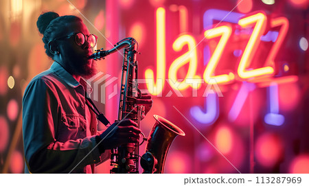 A jazz musician plays the saxophone in evening, against the backdrop of an illuminated neon "Jazz" sign. Jazz Appreciation Month, Club Life 113287969