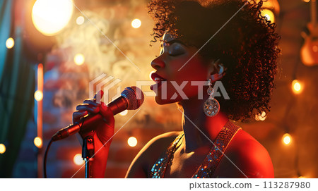 A soulful jazz black singer performs emotionally on a stage with dim lighting, her face softly illuminated by a spotlight, a warm stage atmosphere A soulful jazz black singer performs emotionally on a stage with dim lighting, her face softly illuminated by a spotlight, a warm stage atmosphere 113287980
