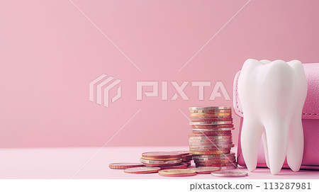 Ceramic model of a human tooth, wallet and stack of coins, pink background copy space. Expensive dental services and professional medical treatment Ceramic model of a human tooth, wallet and stack of coins, pink background copy space. Expensive dental services and professional medical treatment 113287981