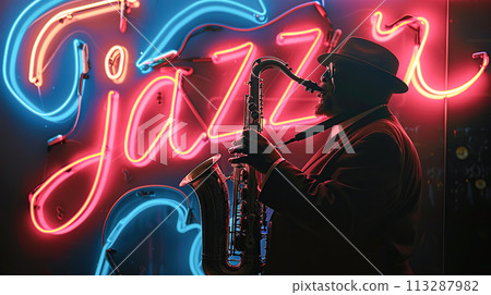 A jazz musician plays the saxophone in evening, against the backdrop of an illuminated neon "Jazz" sign. Jazz Appreciation Month, Club Life A jazz musician plays the saxophone in evening, against the backdrop of an illuminated neon "Jazz" sign. Jazz Appreciation Month, Club Life 113287982