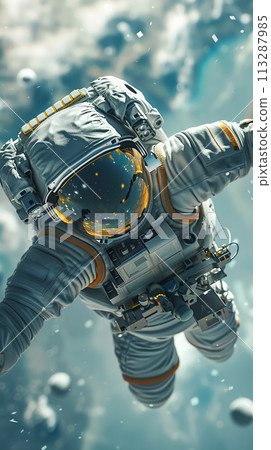 An astronaut hovers in space weightlessness against background of blue sky. A horizontal frame. The concept of exploring intergalactic space An astronaut hovers in space weightlessness against background of blue sky. A horizontal frame. The concept of exploring intergalactic space 113287985
