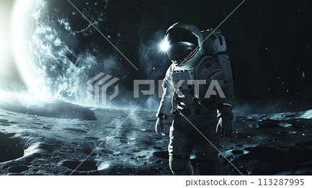 An astronaut in spacesuit stands on surface of Moon, in background rises Earth, illuminated by distant sun. Concept of exploring the galaxy An astronaut in spacesuit stands on surface of Moon, in background rises Earth, illuminated by distant sun. Concept of exploring the galaxy 113287995