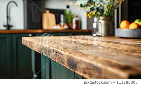 Close up of an empty warm wooden kitchen countertop with sink and faucet, emphasis on texture and craftsmanship. Scene showcase template for promotional items, banner, copy space 113288005