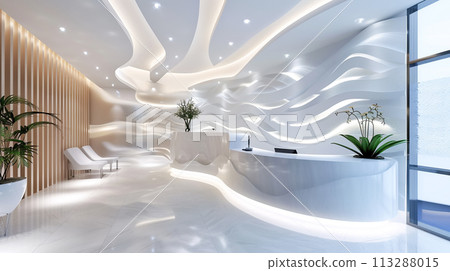 An modern medical clinic interior in futuristic design, with sleek curved structures, ambient lighting modern furniture. Design conveys high-tech, clean and sterile environment with cozy atmosphere 113288015