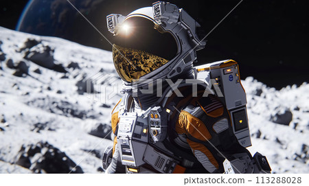 An astronaut in spacesuit stands on surface of Moon, in background rises Earth, illuminated by distant sun. Concept of exploring the galaxy An astronaut in spacesuit stands on surface of Moon, in background rises Earth, illuminated by distant sun. Concept of exploring the galaxy 113288028