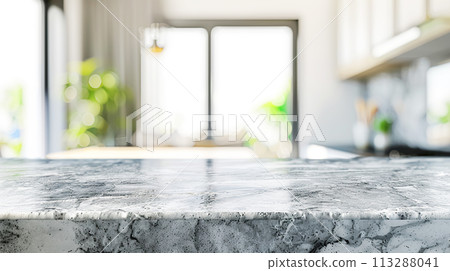 Marble kitchen empty luxury countertop black and white, soft focus. Scene showcase template for promotional items, banner. Modern kitchen design 113288041