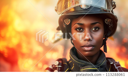 A striking portrait of dark-skinned female firefighter, her gaze reflects courage and resilience amid the flames. Women's professions A striking portrait of dark-skinned female firefighter, her gaze reflects courage and resilience amid the flames. Women's professions 113288061