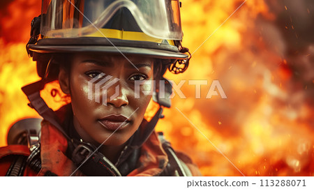 A striking portrait of dark-skinned female firefighter, her gaze reflects courage and resilience amid the flames. Women's professions A striking portrait of dark-skinned female firefighter, her gaze reflects courage and resilience amid the flames. Women's professions 113288071