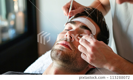 Close-up of a man's face during a precision injection, reflecting advanced skin care. Soft masculinity, self-care, men's cosmetology 113288072