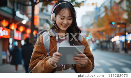 Smiling young Asian woman on a busy city street enjoying her favorite music through white headphones, immersing herself in the rhythm of the city. Modern communication 113288073