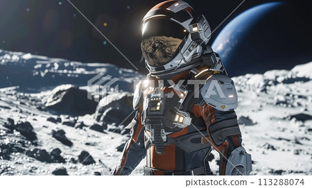 An astronaut in spacesuit stands on surface of Moon, in background rises Earth, illuminated by distant sun. Concept of exploring the galaxy An astronaut in spacesuit stands on surface of Moon, in background rises Earth, illuminated by distant sun. Concept of exploring the galaxy 113288074