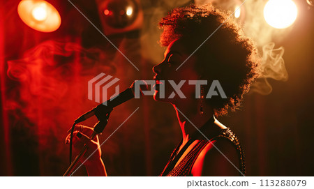 A soulful jazz black singer performs emotionally on a stage with dim lighting, her face softly illuminated by a spotlight, a warm stage atmosphere A soulful jazz black singer performs emotionally on a stage with dim lighting, her face softly illuminated by a spotlight, a warm stage atmosphere 113288079