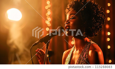 A soulful jazz black singer performs emotionally on a stage with dim lighting, her face softly illuminated by a spotlight, a warm stage atmosphere A soulful jazz black singer performs emotionally on a stage with dim lighting, her face softly illuminated by a spotlight, a warm stage atmosphere 113288083