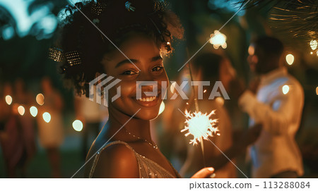 Elegant young African woman in a sparkling dress and a sweet smile celebrates with a sparkler. Portrait of a girl against the background of festive evening garlands 113288084