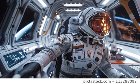 An astronaut in spacesuit with the latest sensors and HUD data signals flies in zero gravity inside spaceship against the background of huge window An astronaut in spacesuit with the latest sensors and HUD data signals flies in zero gravity inside spaceship against the background of huge window 113288092