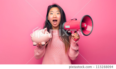 Enthusiastic young Asian woman with megaphone and a piggy bank, symbolizing smart consumerism and enthusiasm for savings. Voice loud budgeting, bright minimalistic background Enthusiastic young Asian woman with megaphone and a piggy bank, symbolizing smart consumerism and enthusiasm for savings. Voice loud budgeting, bright minimalistic background 113288094
