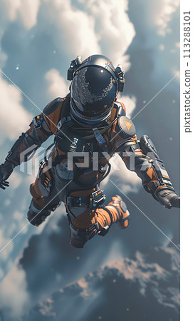 An astronaut hovers in space weightlessness against background of blue sky. A horizontal frame. The concept of exploring intergalactic space An astronaut hovers in space weightlessness against background of blue sky. A horizontal frame. The concept of exploring intergalactic space 113288101
