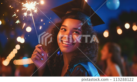 A beaming young black woman in a traditional graduation cap and gown holds a sparkler, her smile beaming into festive night. Graduation from school, university A beaming young black woman in a traditional graduation cap and gown holds a sparkler, her smile beaming into festive night. Graduation from school, university 113288122