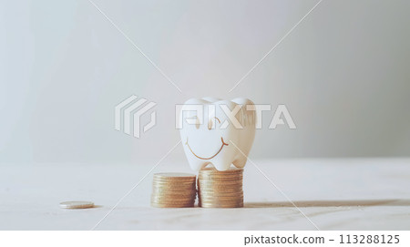 Ceramic model of a human tooth with a smile and eyes and a stack of coins, light background copy space. Expensive dental services and professional medical treatment Ceramic model of a human tooth with a smile and eyes and a stack of coins, light background copy space. Expensive dental services and professional medical treatment 113288125