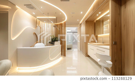 An modern medical clinic interior in futuristic design, with sleek curved structures, ambient lighting modern furniture. Design conveys high-tech, clean and sterile environment with cozy atmosphere 113288129