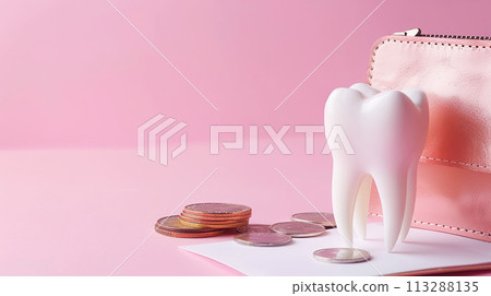 Ceramic model of a human tooth, wallet and stack of coins, pink background copy space. Expensive dental services and professional medical treatment 113288135