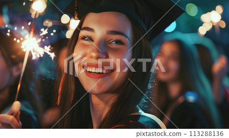 A beaming young woman in a traditional graduation cap and gown holds a sparkler, her smile beaming into festive night. Graduation from school, university A beaming young woman in a traditional graduation cap and gown holds a sparkler, her smile beaming into festive night. Graduation from school, university 113288136