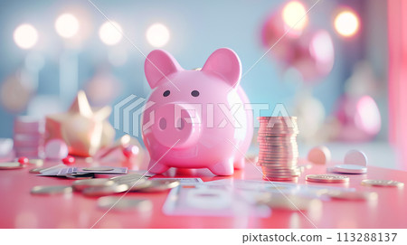 A cheerful pink piggy bank surrounded by floating money, coins and colorful balloons depicting financial goals and pink dreams 113288137