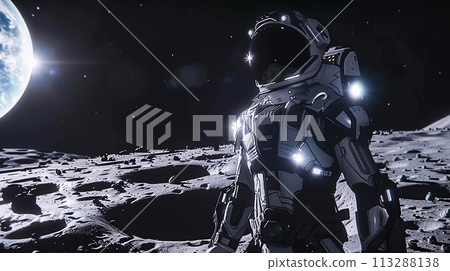 An astronaut in spacesuit stands on surface of Moon, in background rises Earth, illuminated by distant sun. Concept of exploring the galaxy 113288138
