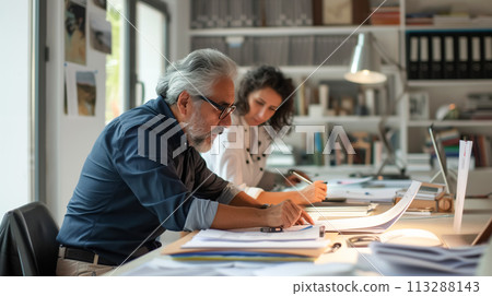 Creative team collaboration, mature man and woman working together on documents in a brightly lit office, reflecting teamwork and partnership. Architectural bureau Creative team collaboration, mature man and woman working together on documents in a brightly lit office, reflecting teamwork and partnership. Architectural bureau 113288143