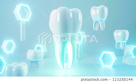 Digital dental implant surrounded by glowing hexagons symbolizing advanced innovative technologies in dentistry and medicine, blue background. Concept of dental treatment and prosthetics, implantology Digital dental implant surrounded by glowing hexagons symbolizing advanced innovative technologies in dentistry and medicine, blue background. Concept of dental treatment and prosthetics, implantology 113288144